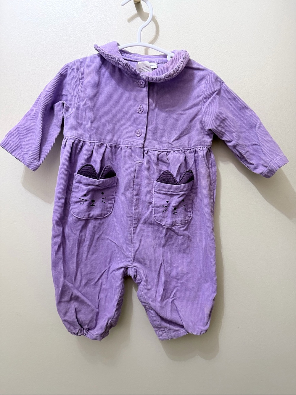 Y2K Carter’s Purple Corduroy Cats Bubble Romper Ruffled Peter Pan Collar 3-6